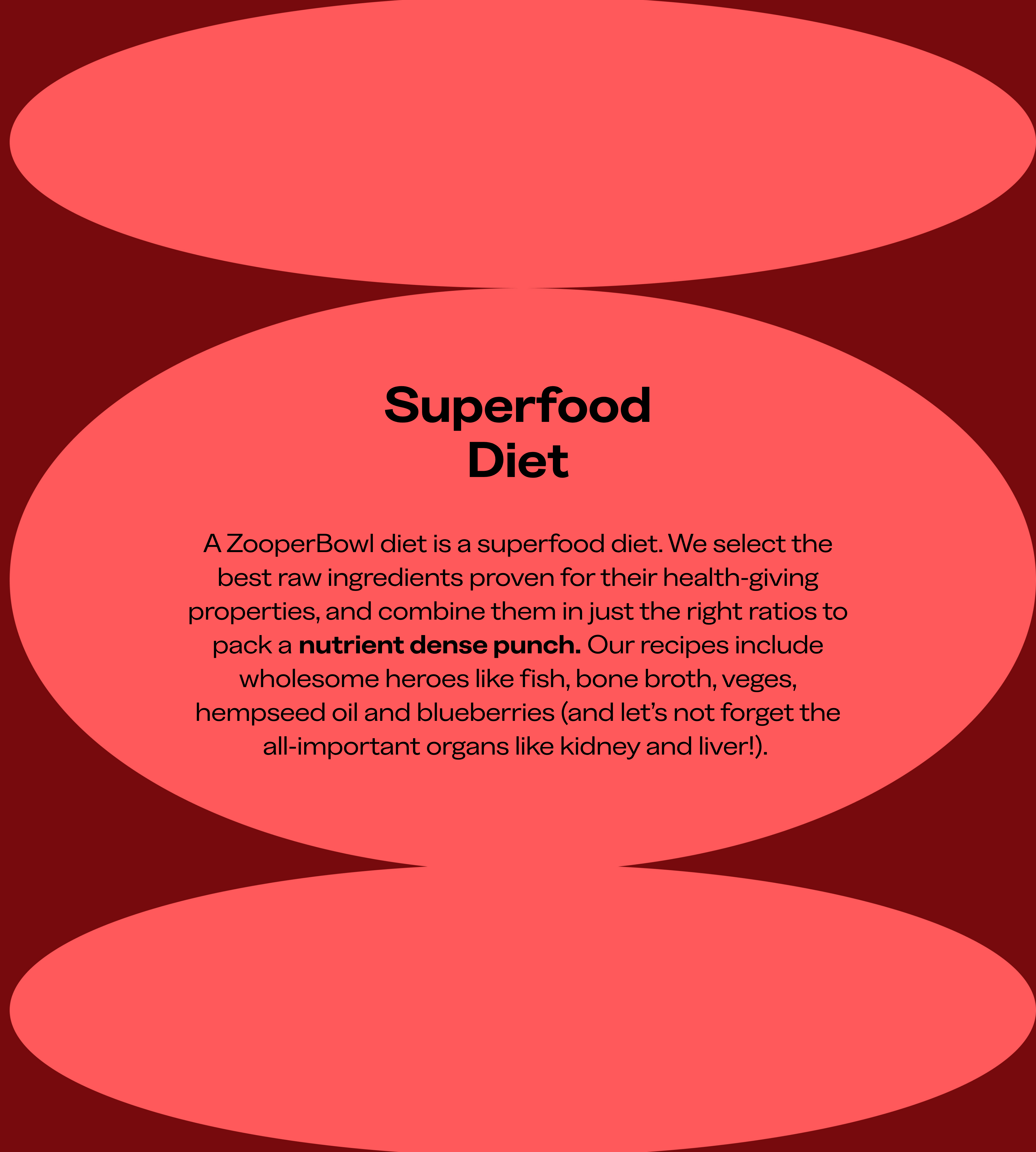 A ZooperBowl diet is a superfood diet. We select the best raw ingredients proven for their health-giving properties, and combine them in just the right ratios to pack a nutrient dense punch. Our recipes include wholesome heroes like fish, bone broth, veges, hempseed oil and blueberries (and let's not forget the all-important organs like kidney and liver). Text in front of a red, bubble background.